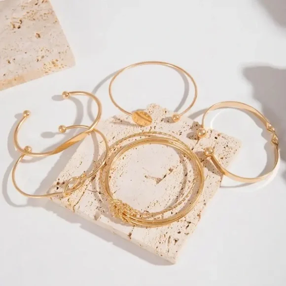 5pcs Trendy Vintage Style Bangle Set Stylish Geometric Cuff Bracelets Golden - Picture 3 of 7